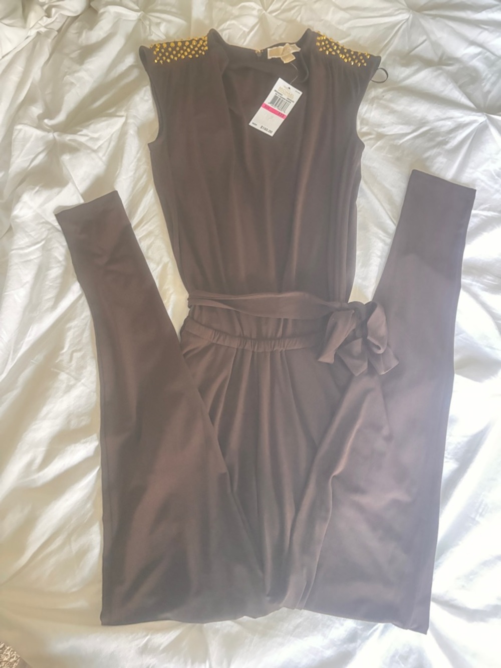 Michael Kors NWT Chocolate Draped Jumpsuit Studded Shoulder XXS Chic - Picture 3 of 7